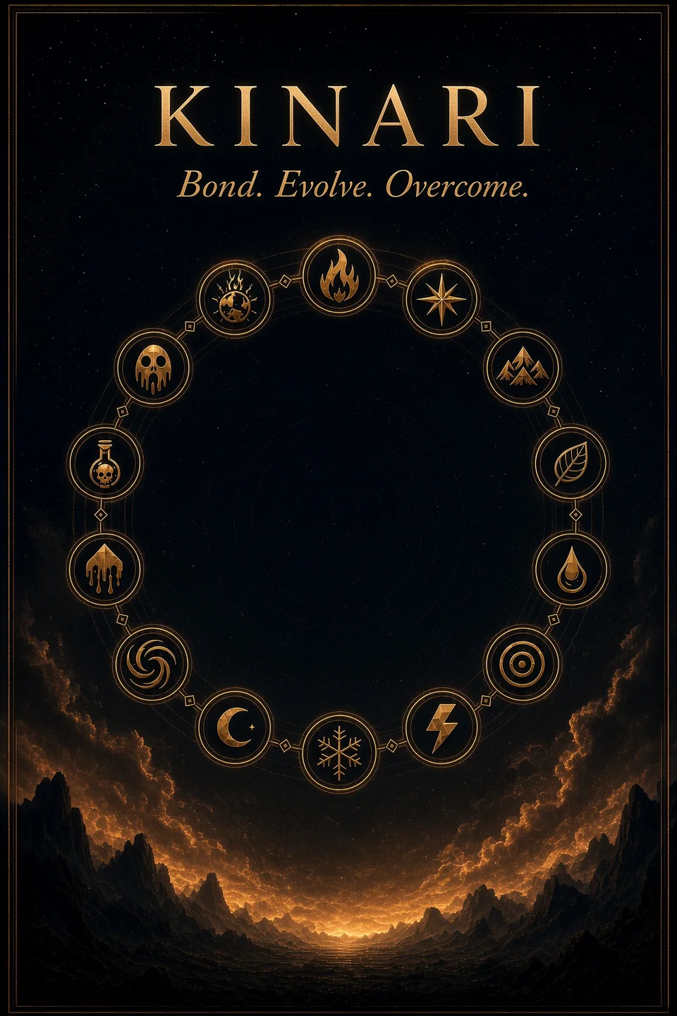 Kinari RPG poster featuring a ring of elemental symbols above a glowing mountain horizon