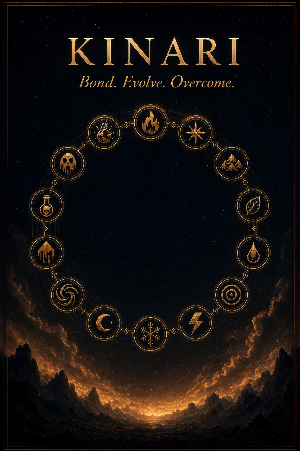 Kinari RPG poster featuring a ring of elemental symbols above a glowing mountain horizon