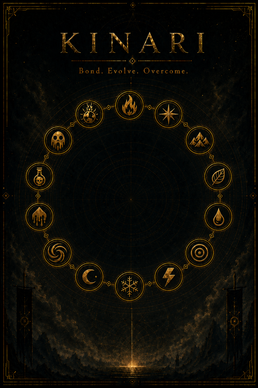 Kinari RPG teaser poster featuring an arc of elemental symbols