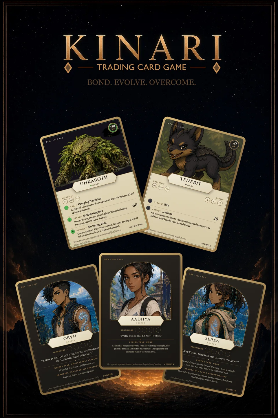 Kinari Trading Card Game poster showing Kinari creatures and their Keepers