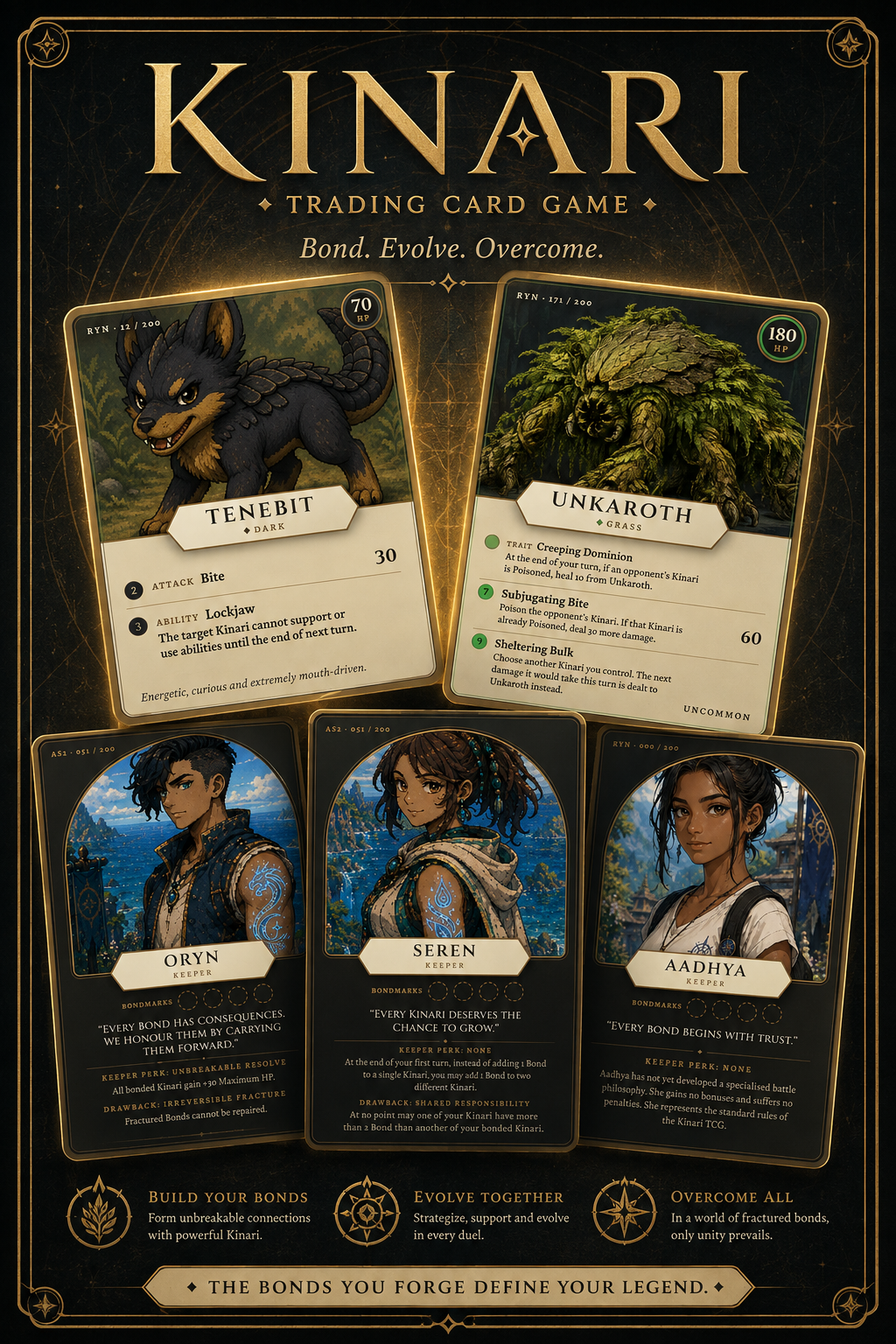 Kinari Trading Card Game poster showing creature and keeper cards