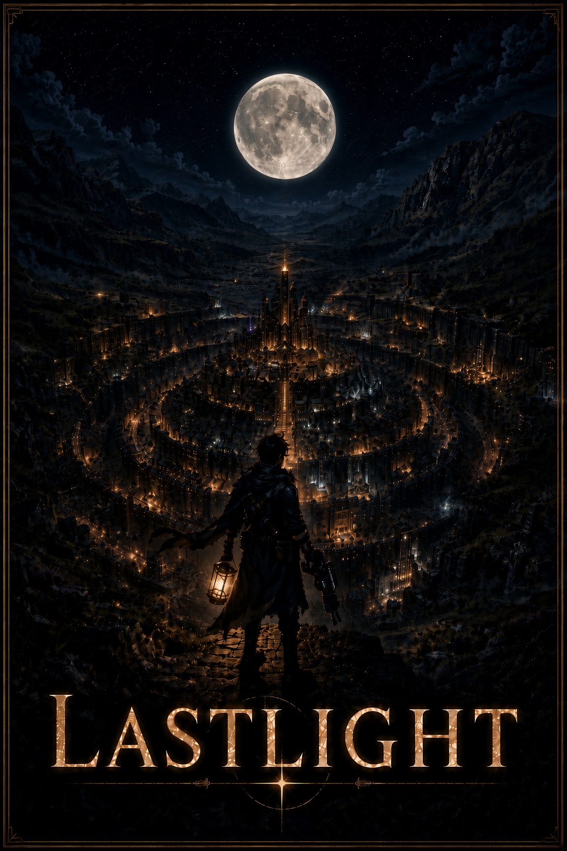 Lastlight poster showing a lantern-bearing traveller overlooking a moonlit city