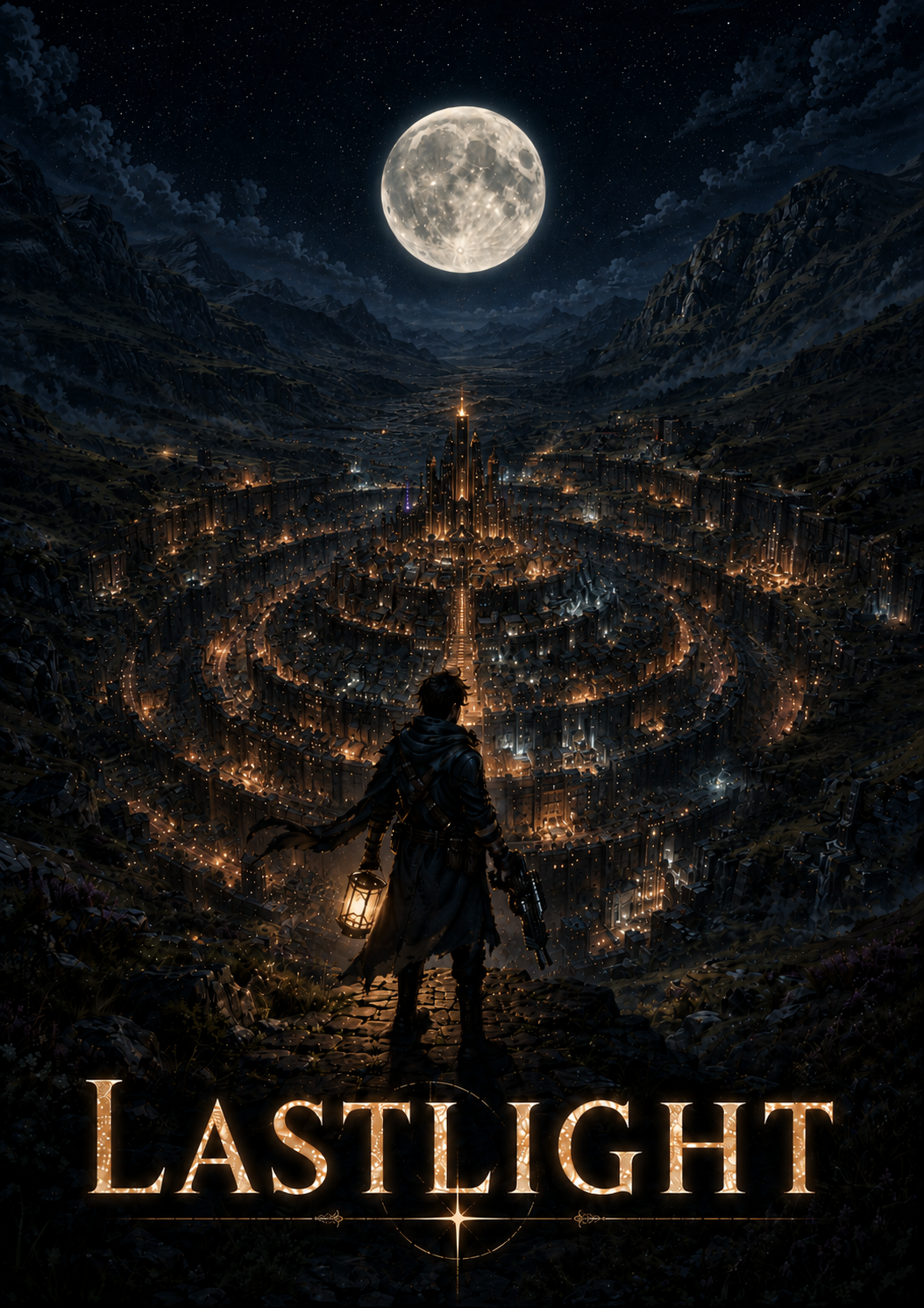 LastLight poster showing a lantern-bearing traveller overlooking a moonlit city